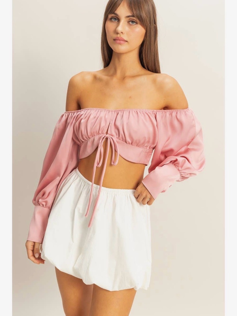HYFVE Pink Satin Off Shoulder Tie Front Crop Top Romantic Cottagecore Blouse NWT